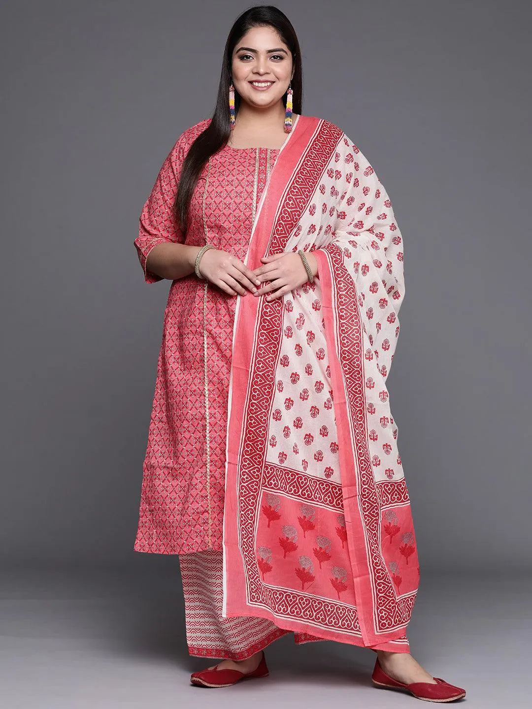 Plus Size Pink Printed Cotton Suit Set - Jashvi