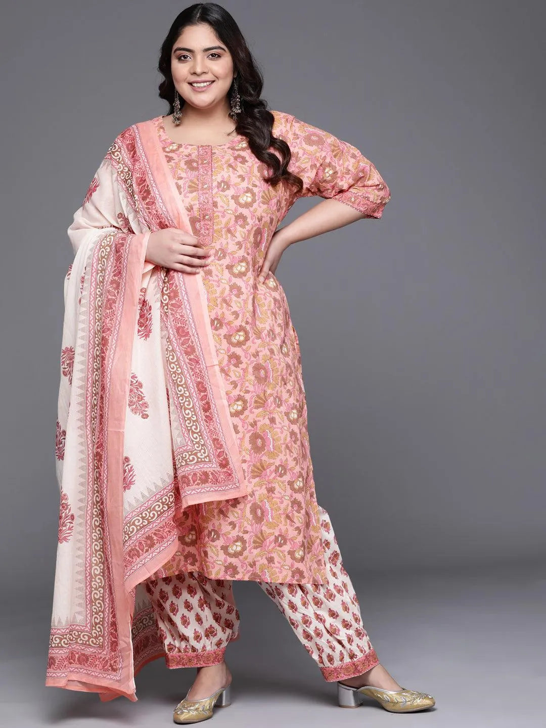 Plus Size Pink Printed Cotton Suit Set - Jashvi