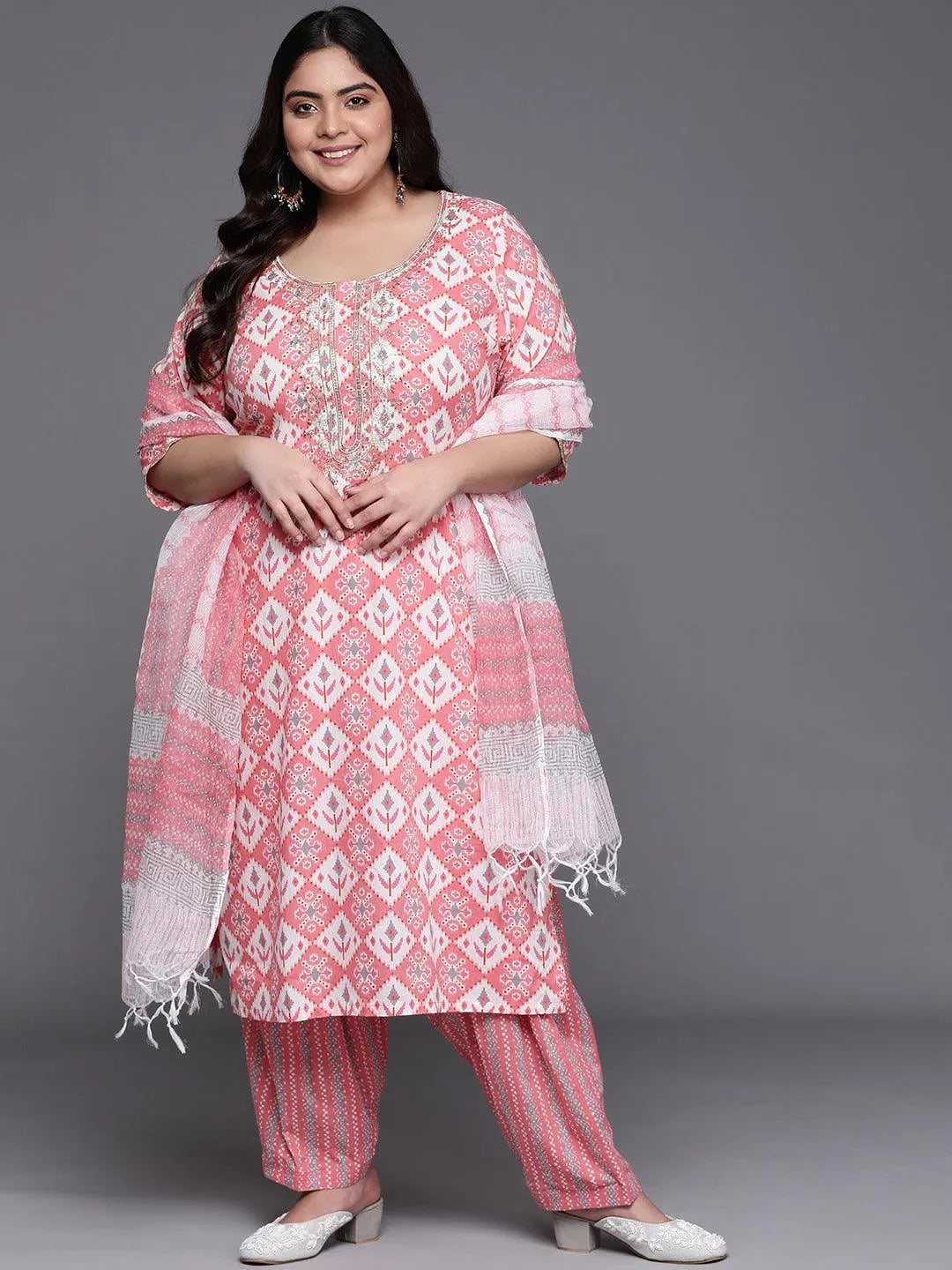 Plus Size Pink Printed Cotton Suit Set - Jashvi