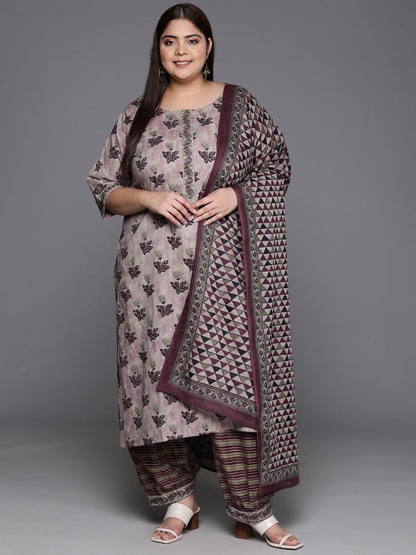 Plus Size Pink Printed Cotton Straight Kurta With Salwar & Dupatta - Jashvi