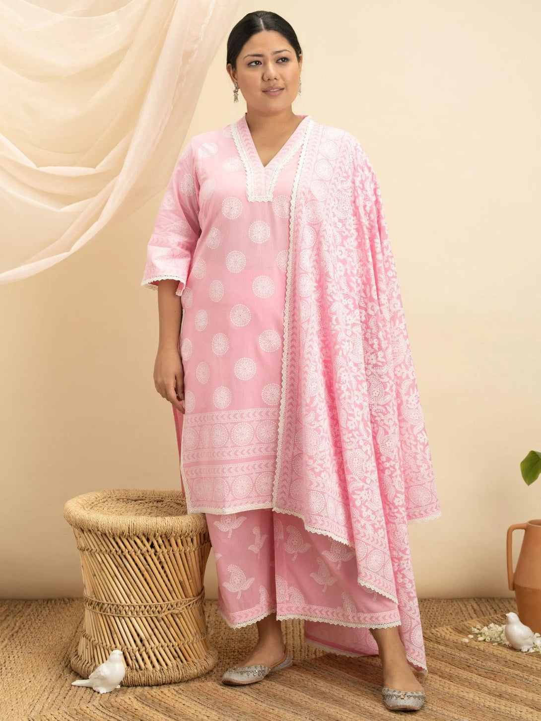 Plus Size Pink Printed Cotton Suit Set - Jashvi