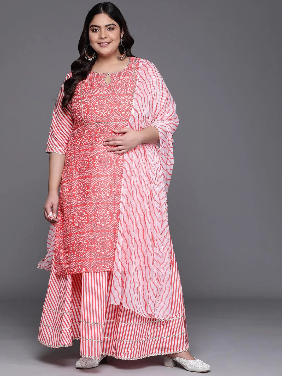 Plus Size Pink Printed Cotton Suit Set - Jashvi