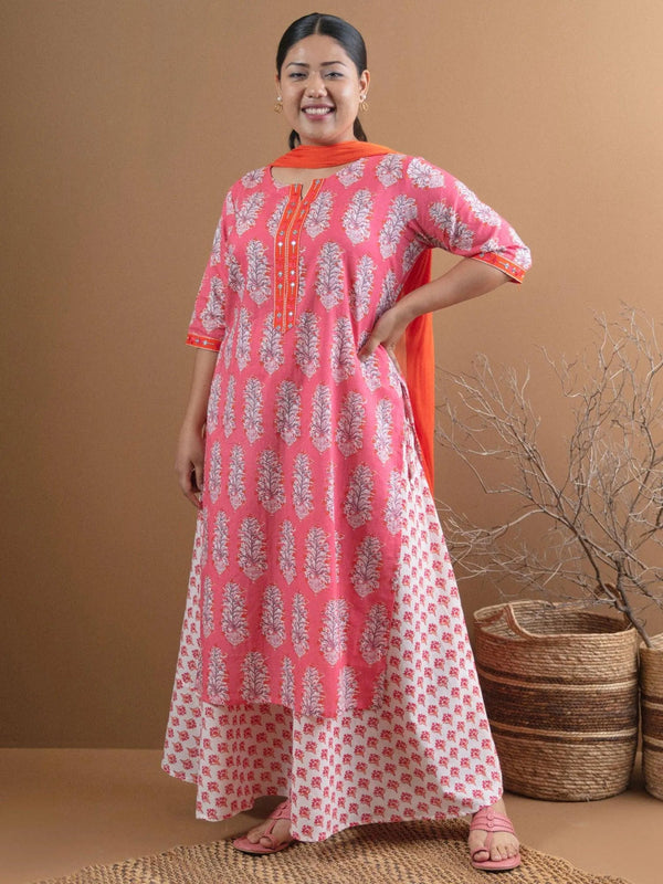 Plus Size Pink Printed Cotton Suit Set - Jashvi