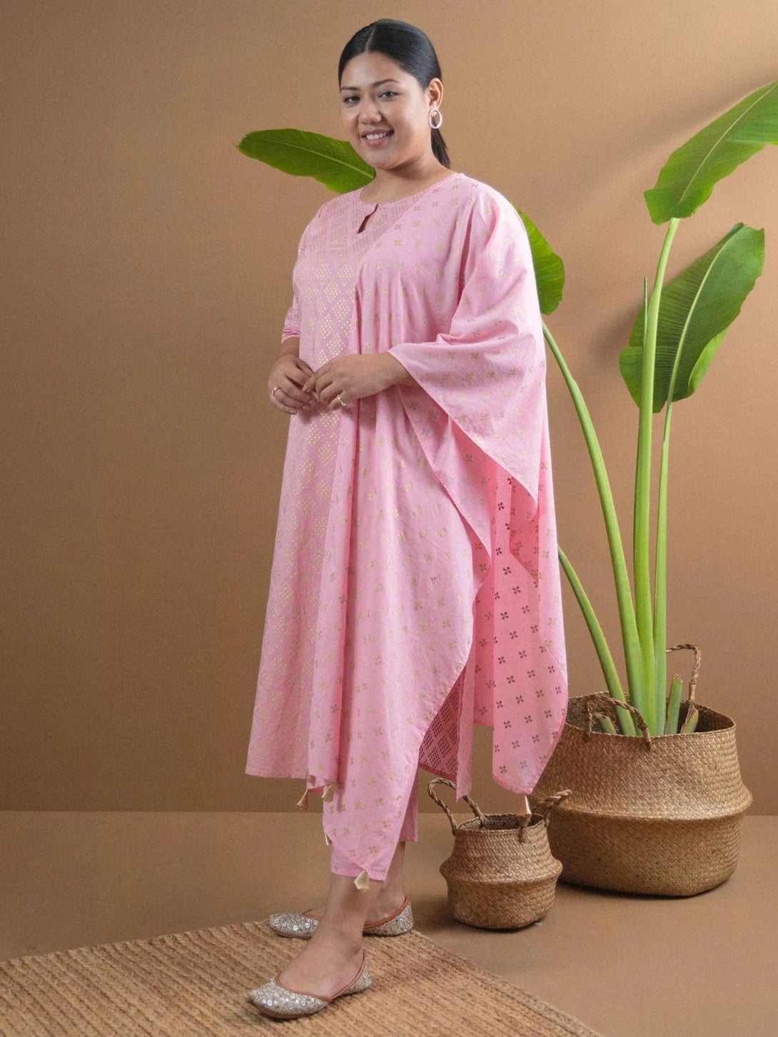 Plus Size Pink Printed Cotton Suit Set - Jashvi