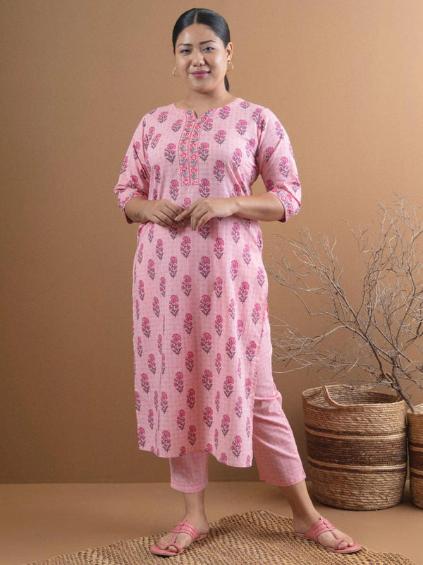 Plus Size Pink Printed Cotton Kurta Set - Jashvi