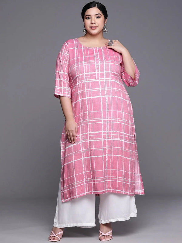 Plus Size Pink Printed Rayon Kurta - Jashvi