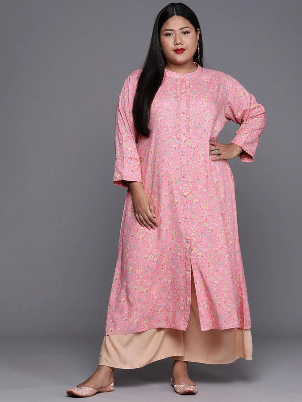 Plus Size Pink Printed Rayon Kurta - Jashvi