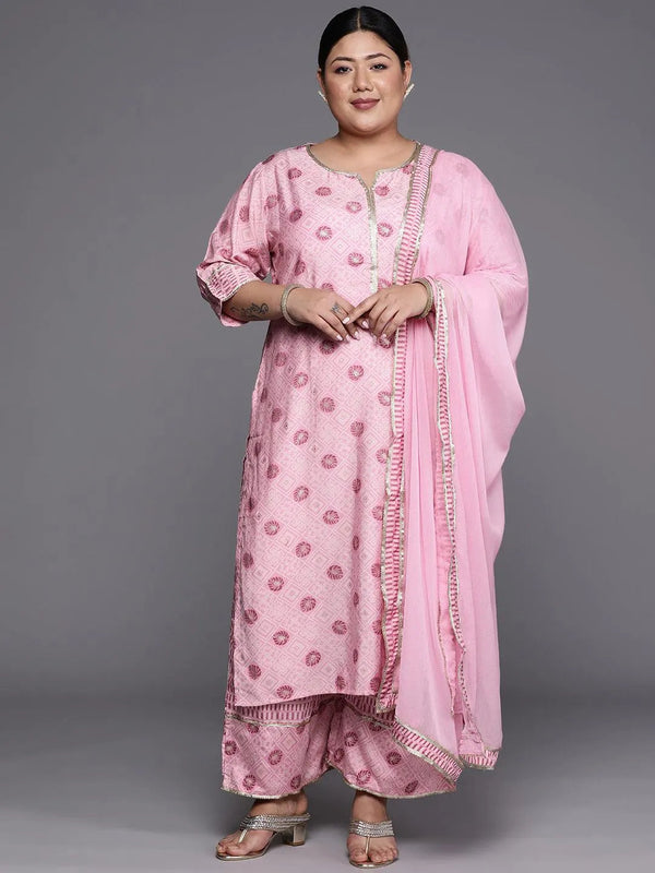 Plus Size Pink Printed Silk Blend Straight Suit Set - Jashvi