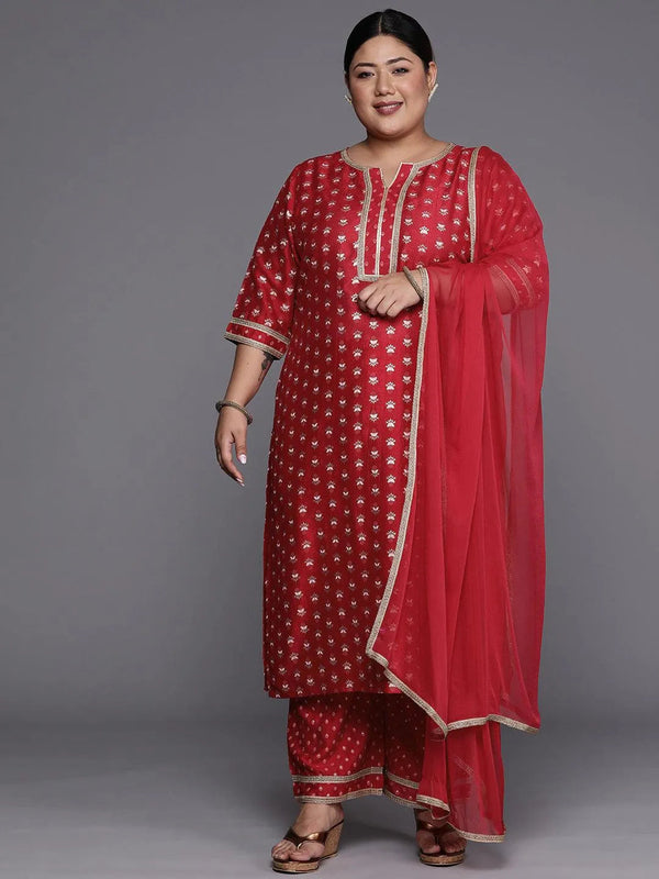 Plus Size Pink Printed Silk Blend Straight Suit Set - Jashvi