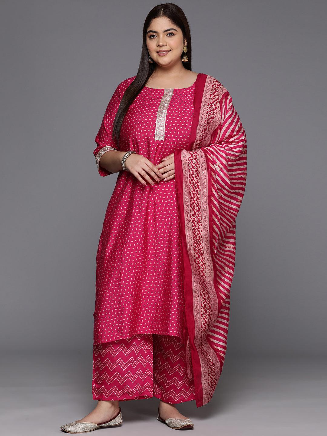 Plus Size Pink Printed Silk Blend Straight Kurta With Trousers & Dupatta - Jashvi