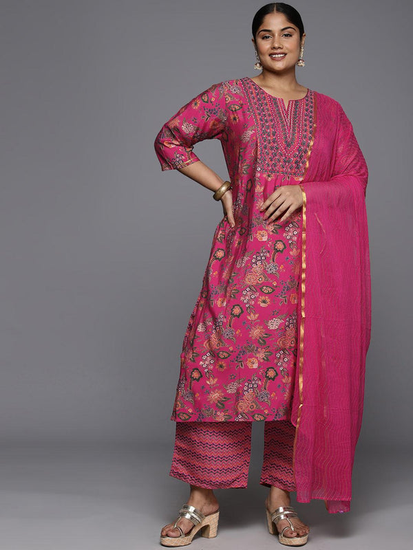 Plus Size Pink Printed Silk Blend Straight Kurta With Trousers & Dupatta - Jashvi