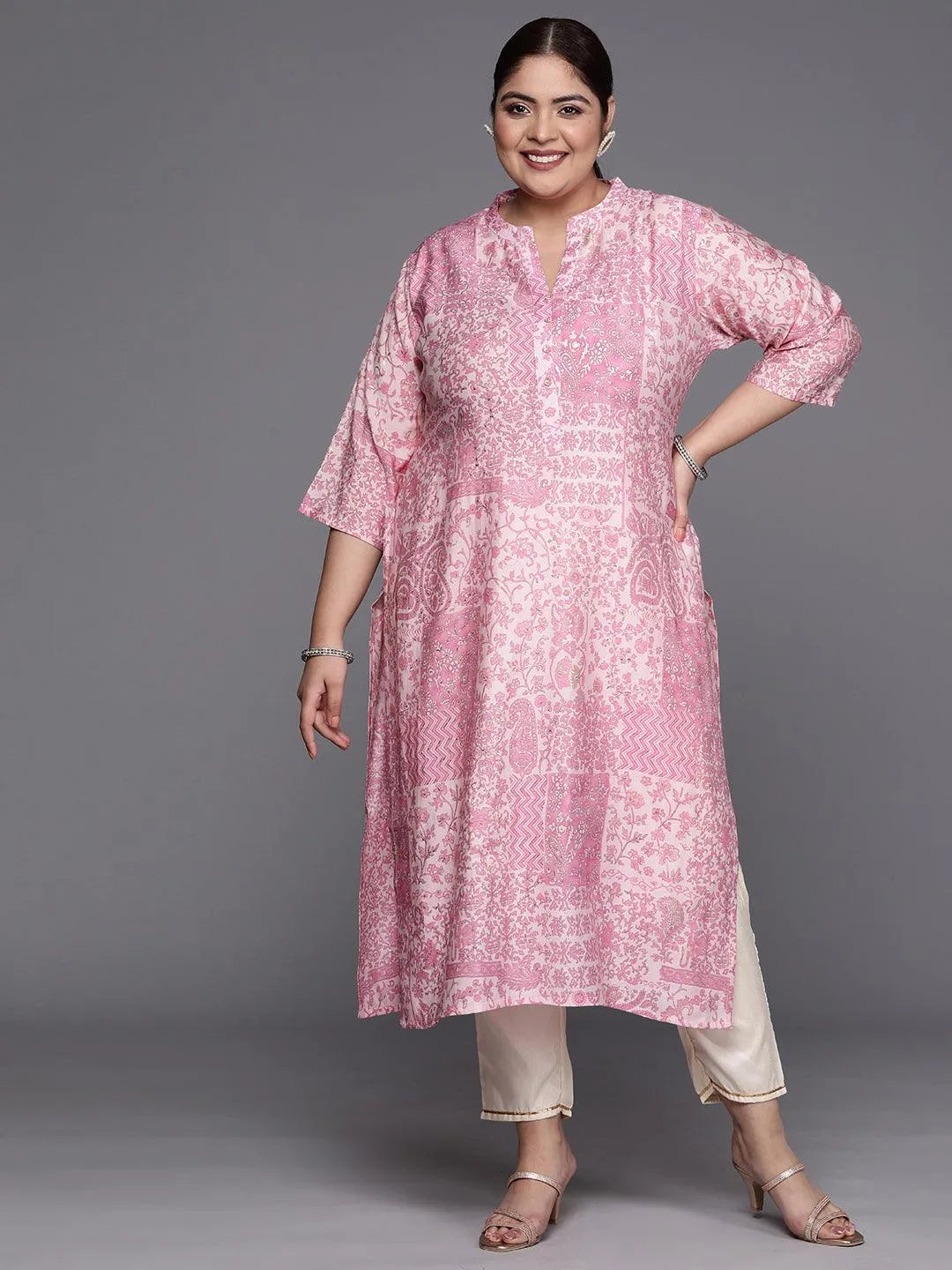 Plus Size Pink Printed Silk Straight Kurta - Jashvi