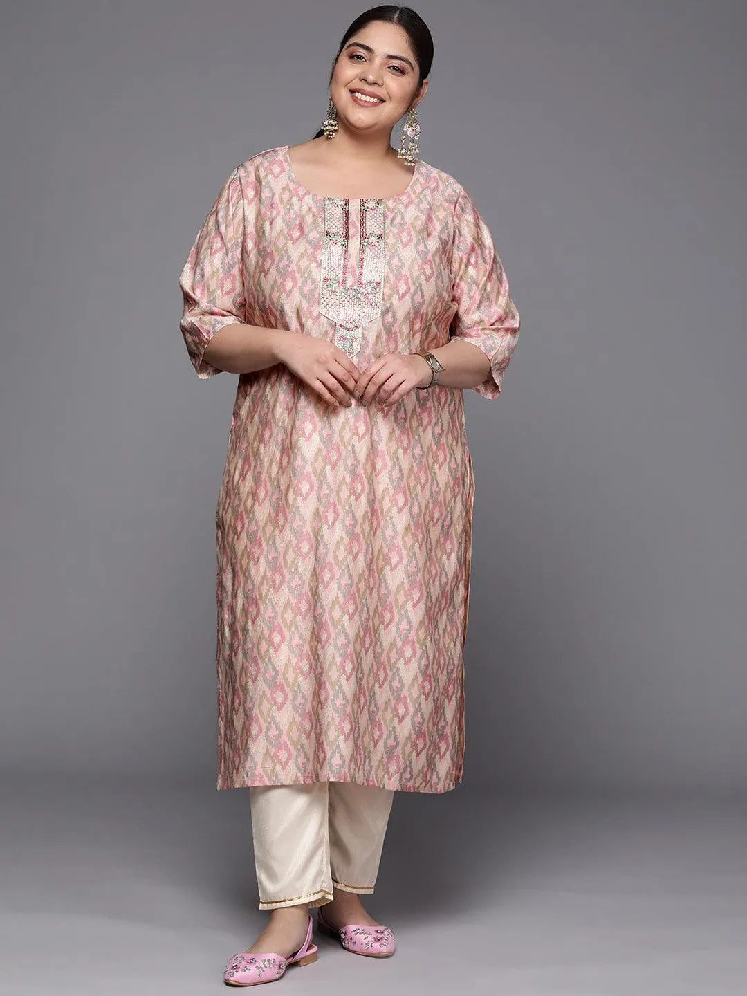 Plus Size Pink Printed Silk Straight Kurta - Jashvi