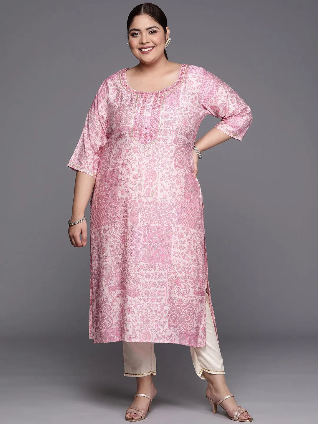 Plus Size Pink Printed Silk Straight Kurta - Jashvi