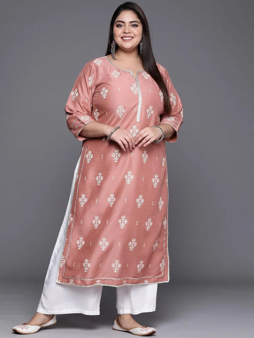 Plus Size Pink Silk Printed Straight Kurta - Jashvi