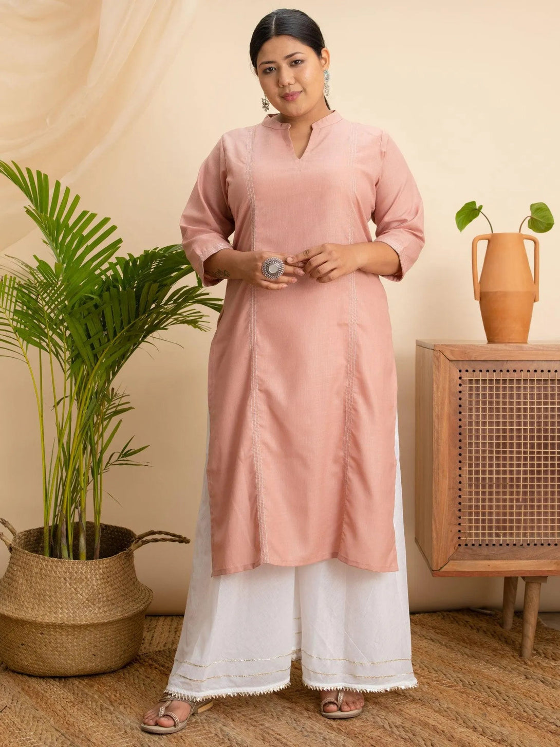 Plus Size Pink Solid Cotton Kurta - Jashvi