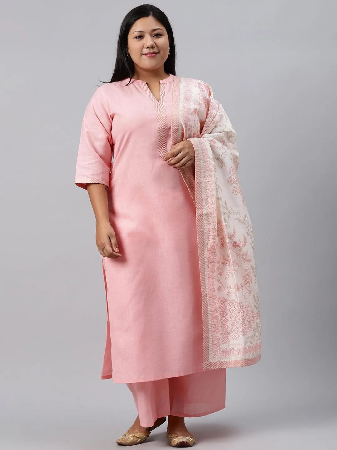 Plus Size Pink Solid Cotton Suit Set - Jashvi