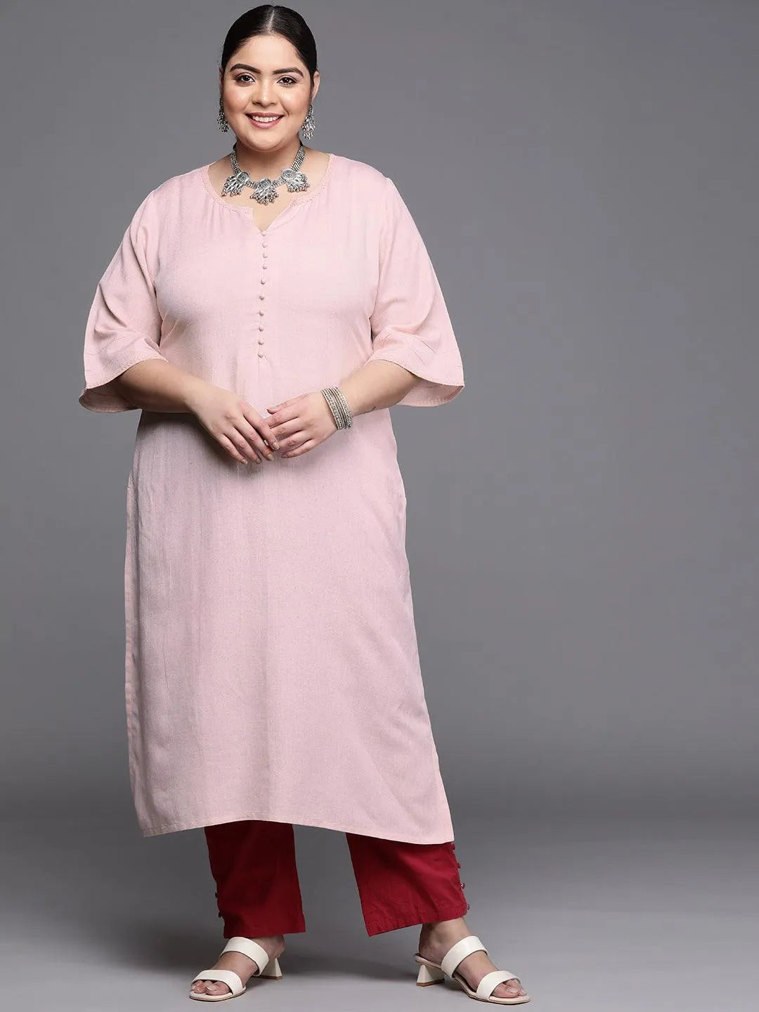 Plus Size Pink Solid Rayon Kurta - Jashvi