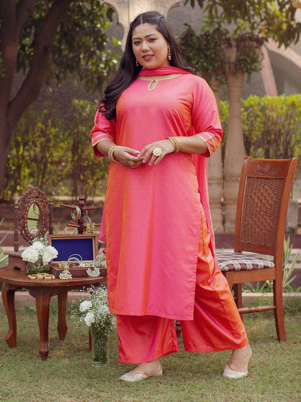 Plus Size Pink Woven Design Art Silk Suit Set - Jashvi