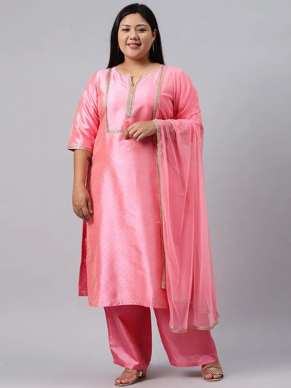 Plus Size Pink Woven Design Art Silk Suit Set - Jashvi