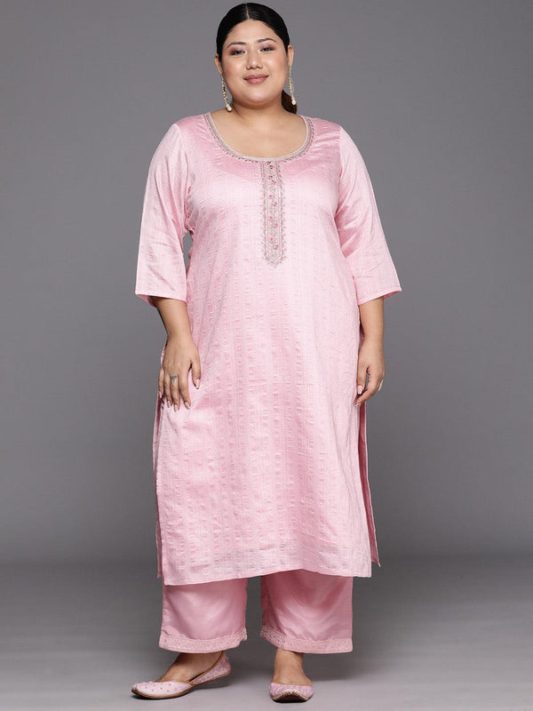 Plus Size Pink Woven Design Rayon Straight Kurta - Jashvi