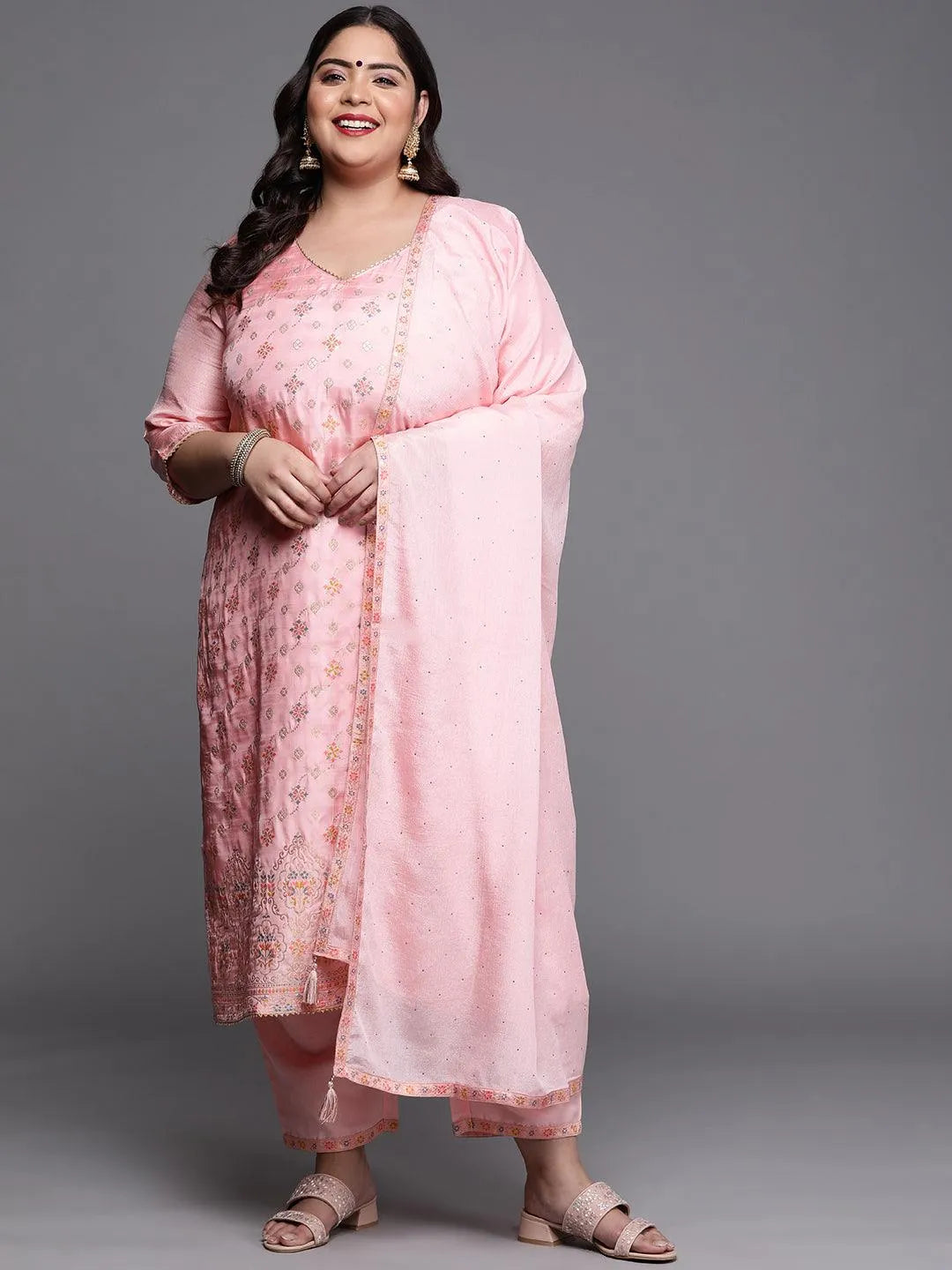 Plus Size Pink Woven Design Silk Blend Suit Set - Jashvi