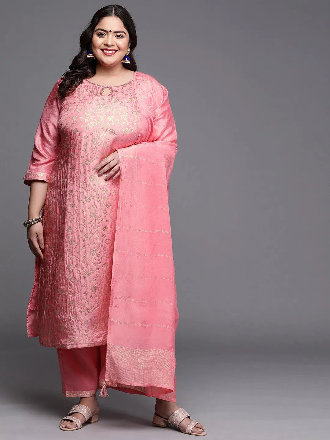 Plus Size Pink Woven Design Silk Blend Suit Set - Jashvi