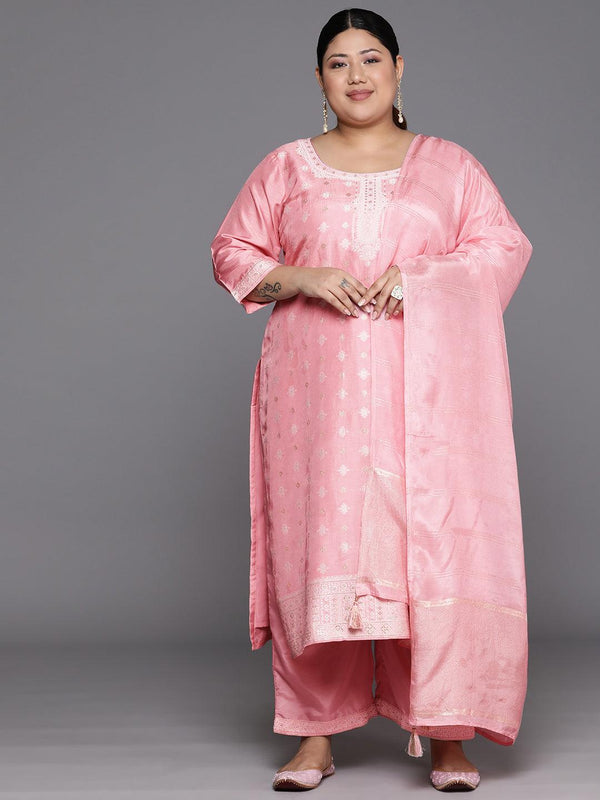 Plus Size Pink Woven Design Silk Blend Straight Suit Set - Jashvi