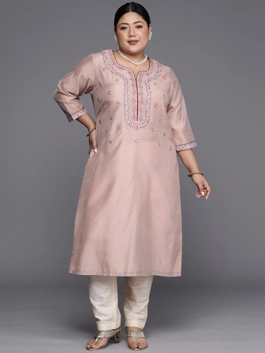 Plus Size Pink Yoke Design Chanderi Cotton Straight Kurta - Jashvi