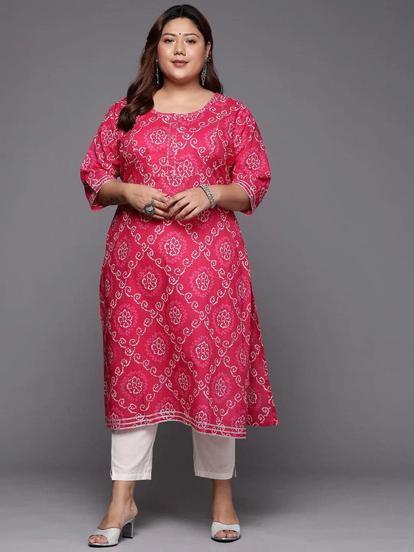 Plus Size Pink Yoke Design Cotton Straight Kurta - Jashvi