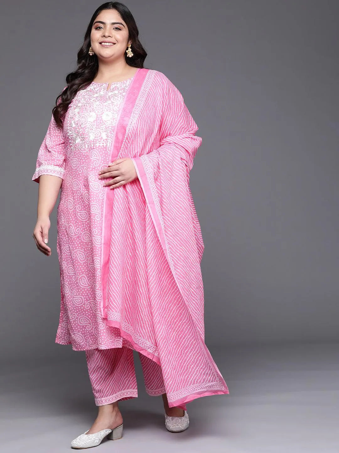 Plus Size Pink Yoke Design Cotton Suit Set - Jashvi