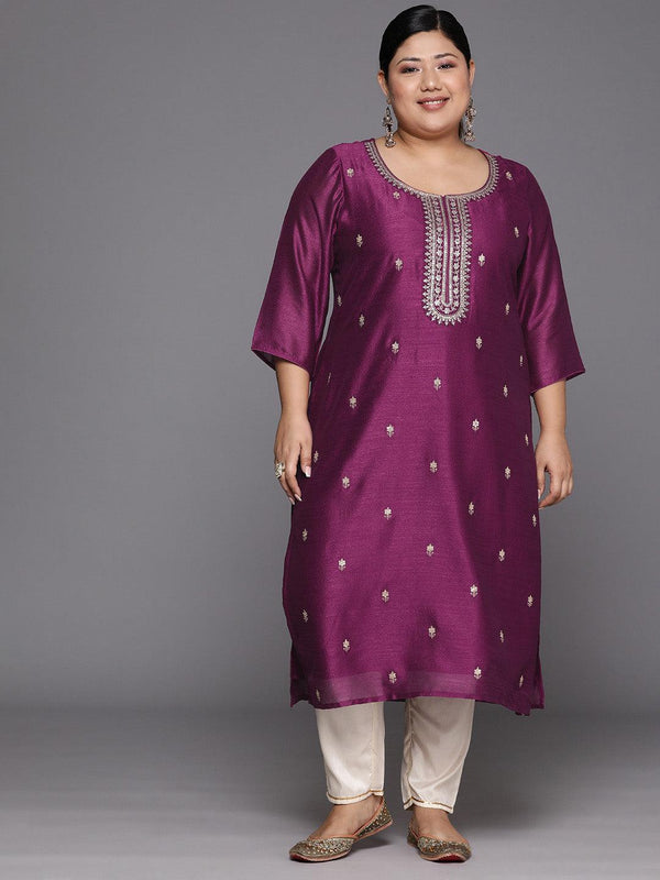 Plus Size Purple Embroidered Silk Straight Kurta - Jashvi