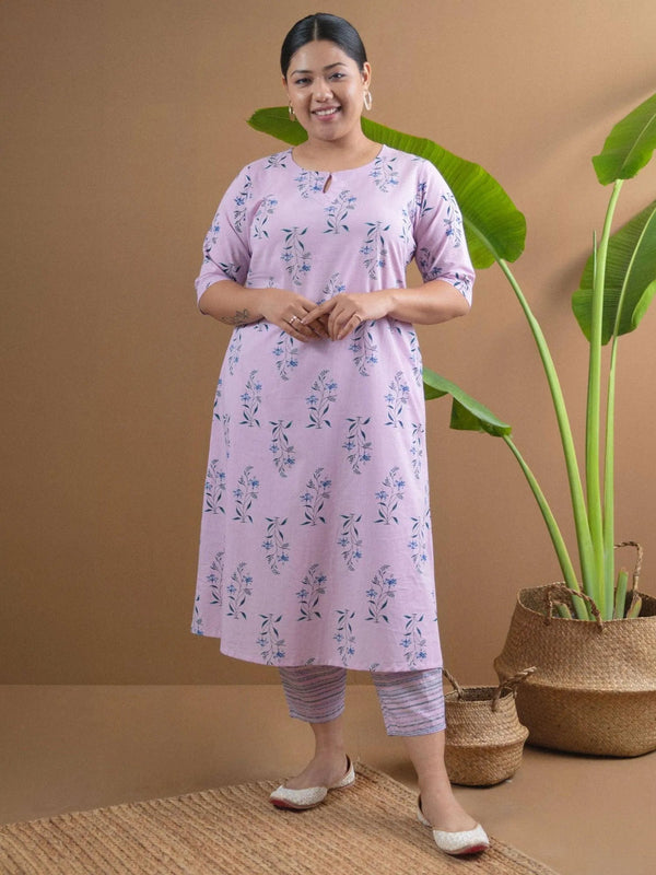 Plus Size Purple Printed Cotton Kurta Set - Jashvi