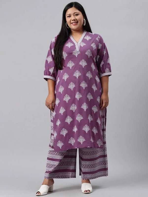 Plus Size Purple Printed Cotton Kurta - Jashvi