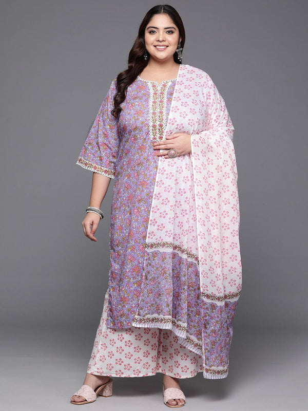 Plus Size Purple Printed Cotton Straight Kurta With Palazzos & Dupatta - Jashvi