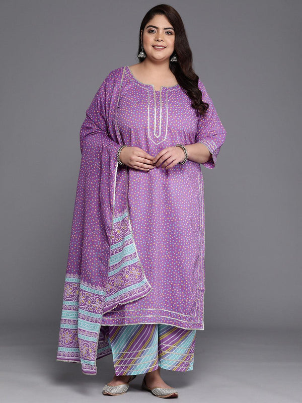 Plus Size Purple Printed Cotton Straight Suit Set - Jashvi