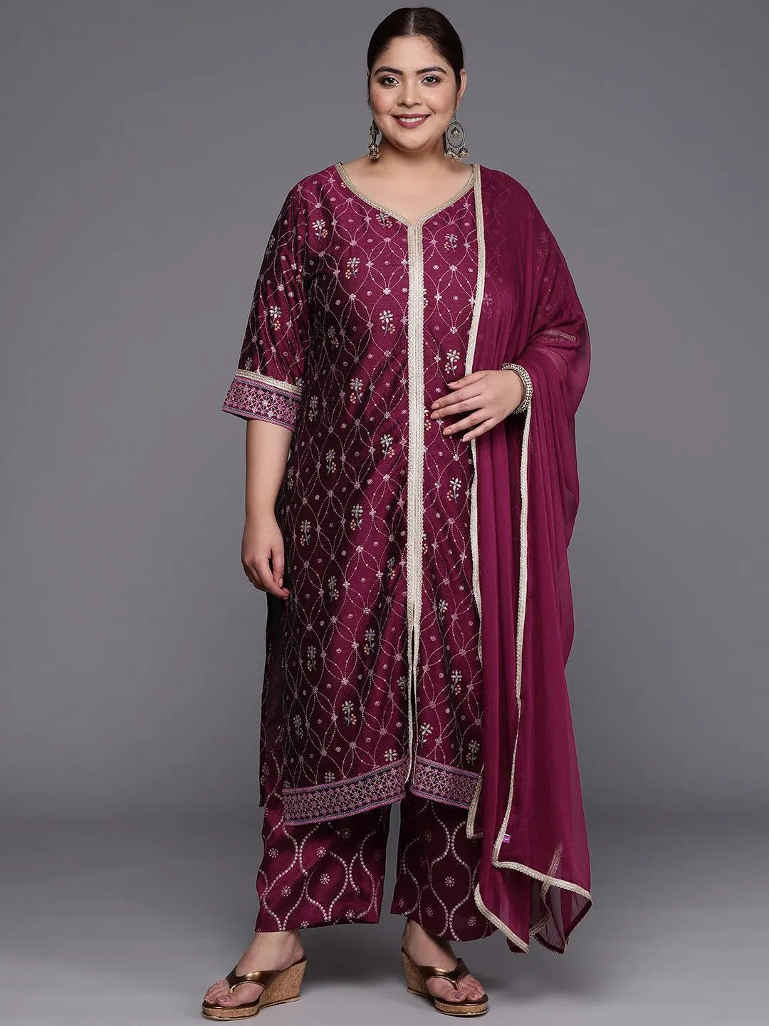 Plus Size Purple Printed Silk Blend Straight Suit Set - Jashvi