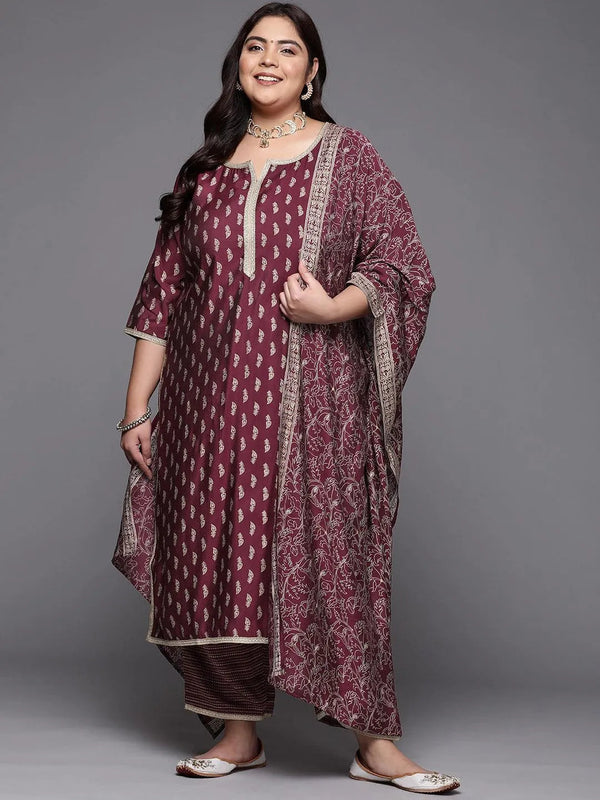 Plus Size Purple Printed Silk Blend Straight Suit Set - Jashvi