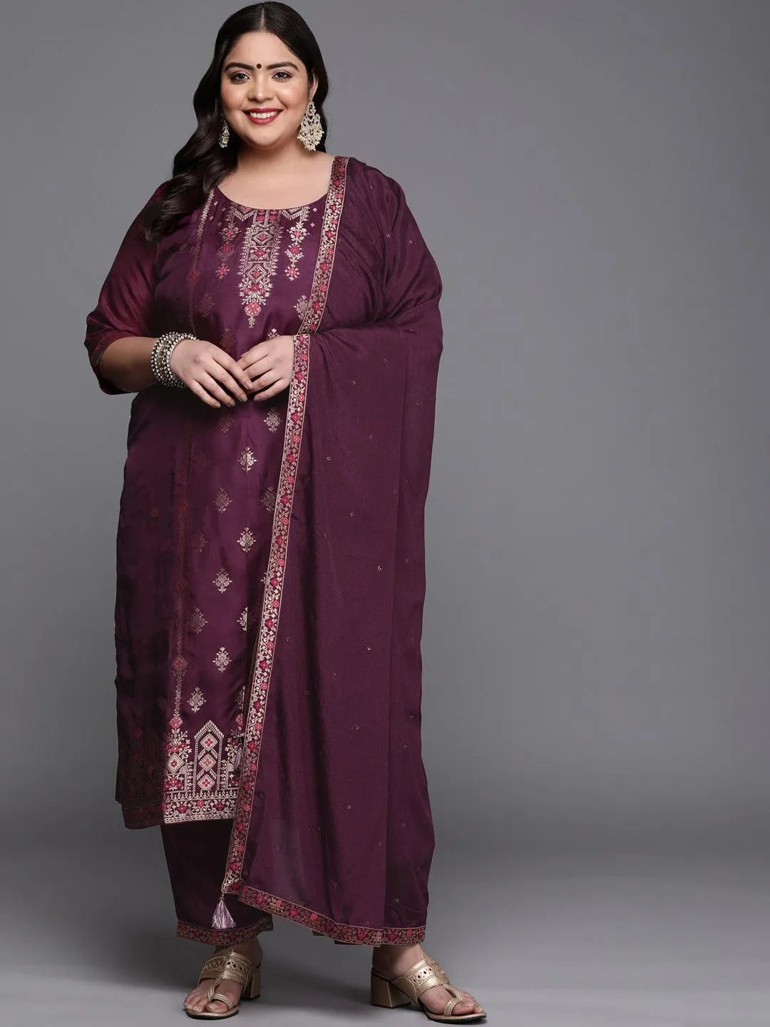 Plus Size Purple Self Design Silk Blend Suit Set - Jashvi