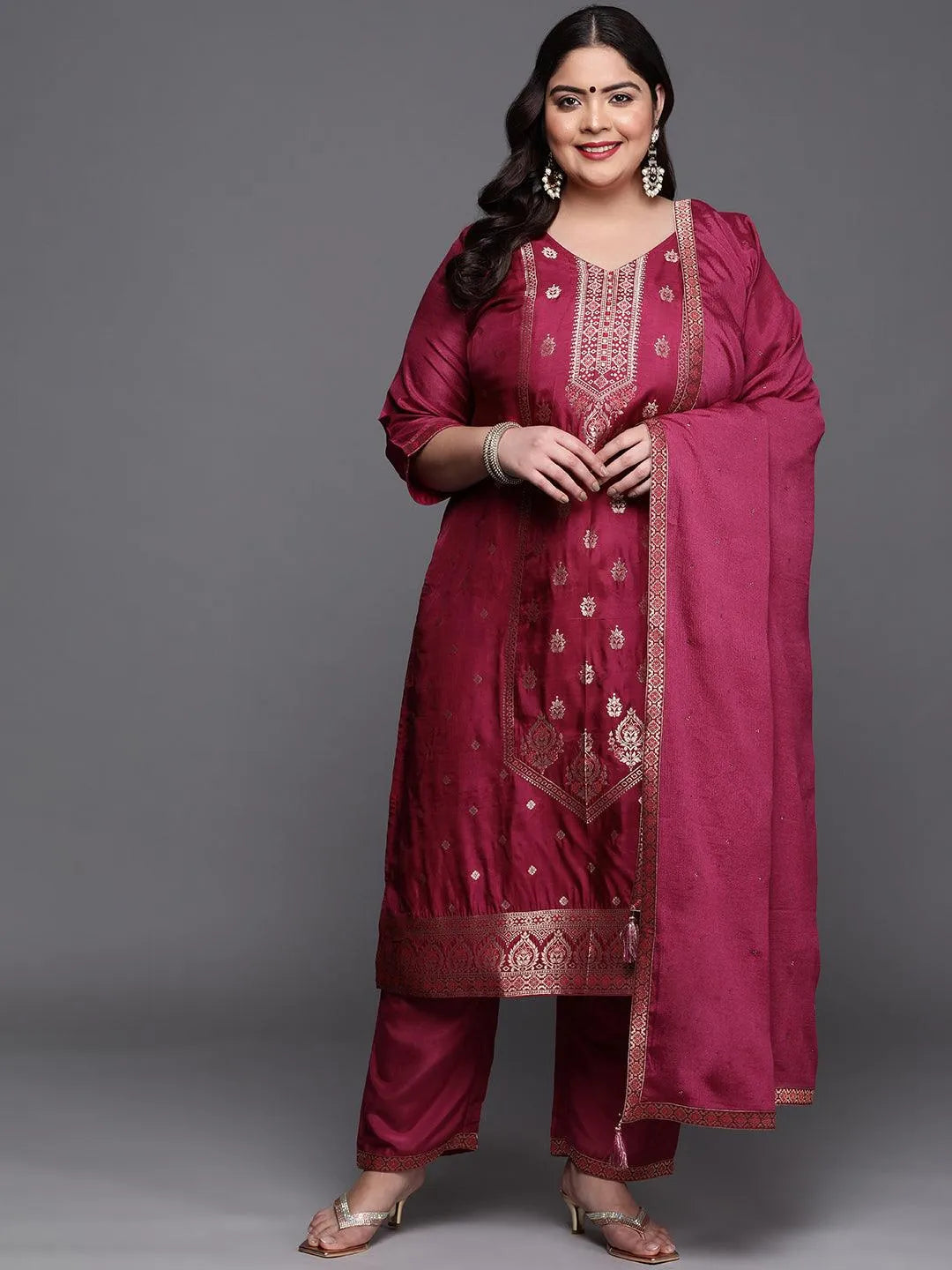 Plus Size Purple Self Design Silk Blend Suit Set - Jashvi