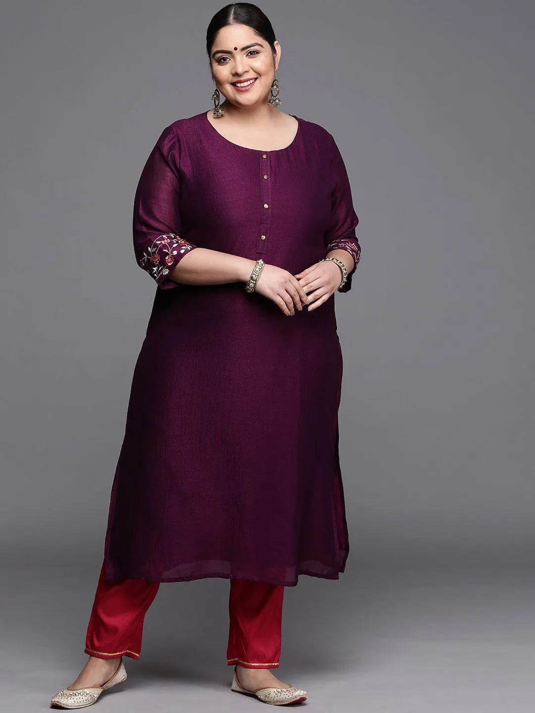 Plus Size Purple Solid Silk Kurta - Jashvi