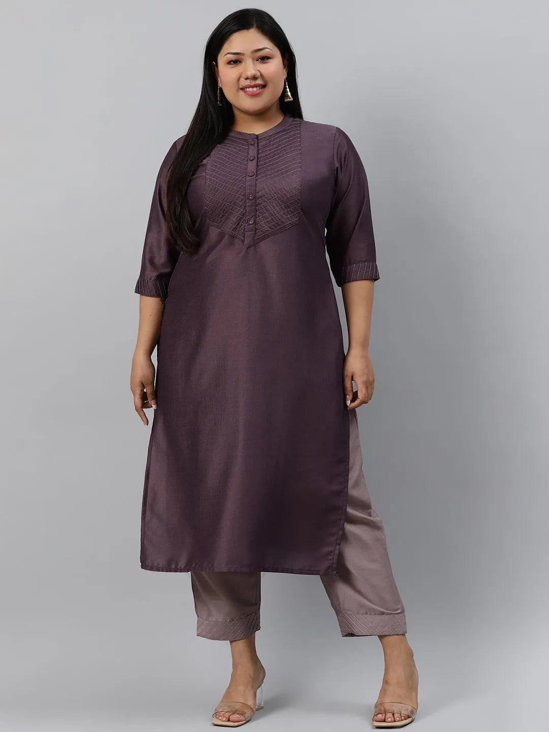 Plus Size Purple Solid Silk Kurta - Jashvi