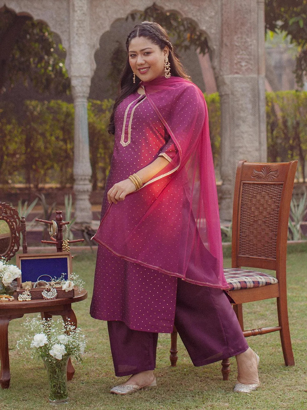 Plus Size Purple Woven Design Art Silk Suit Set - Jashvi