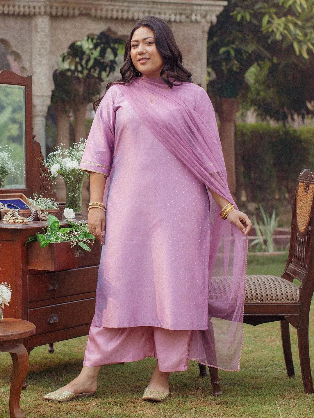 Plus Size Purple Woven Design Art Silk Suit Set - Jashvi