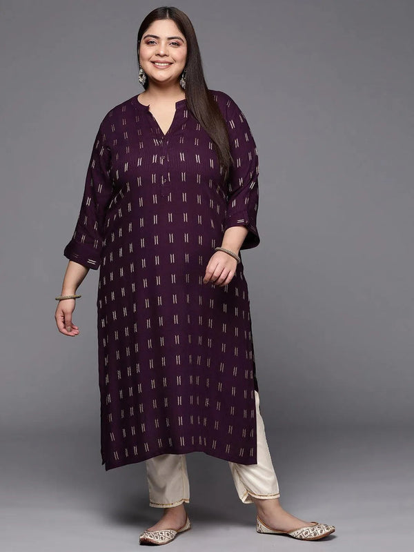 Plus Size Purple Woven Design Rayon Straight Kurta - Jashvi