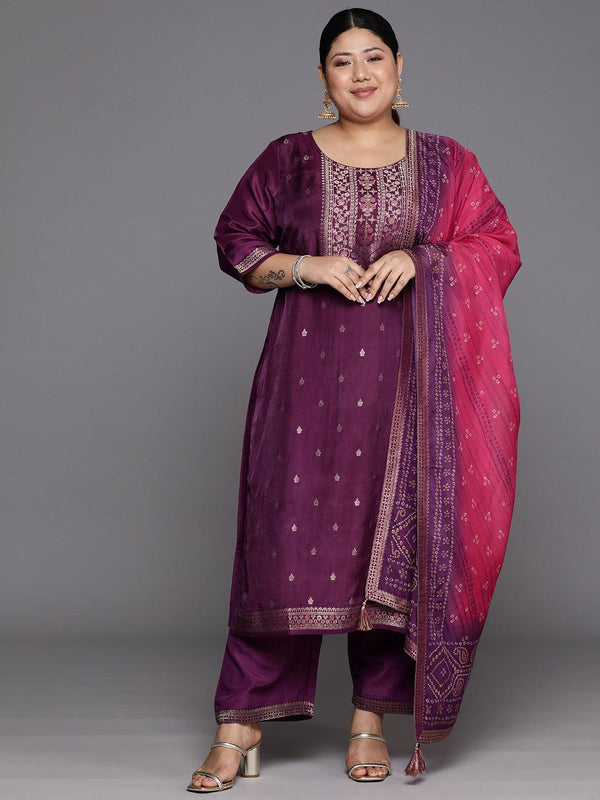 Plus Size Purple Woven Design Silk Blend Straight Suit Set - Jashvi