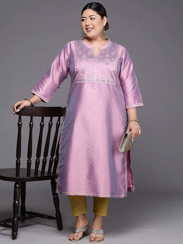 Plus Size Purple Yoke Design Art Silk Straight Kurta - Jashvi