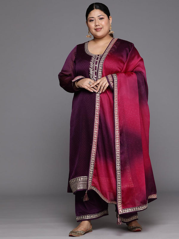 Plus Size Purple Yoke Design Chiffon Straight Kurta With Trousers & Dupatta