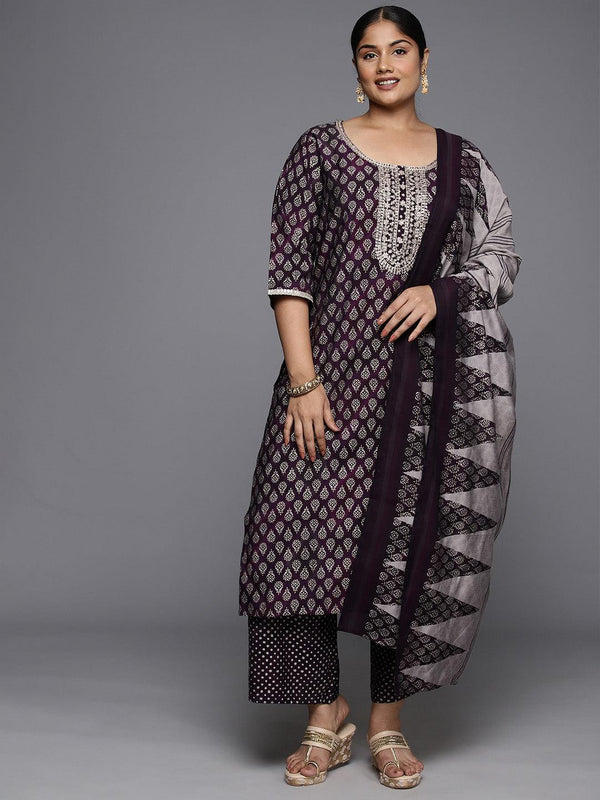 Plus Size Purple Yoke Design Silk Blend Straight Kurta With Trousers & Dupatta - Jashvi