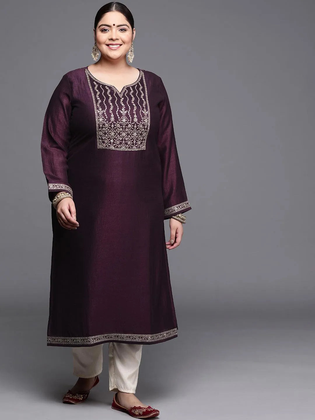 Plus Size Purple Yoke Design Silk Kurta - Jashvi